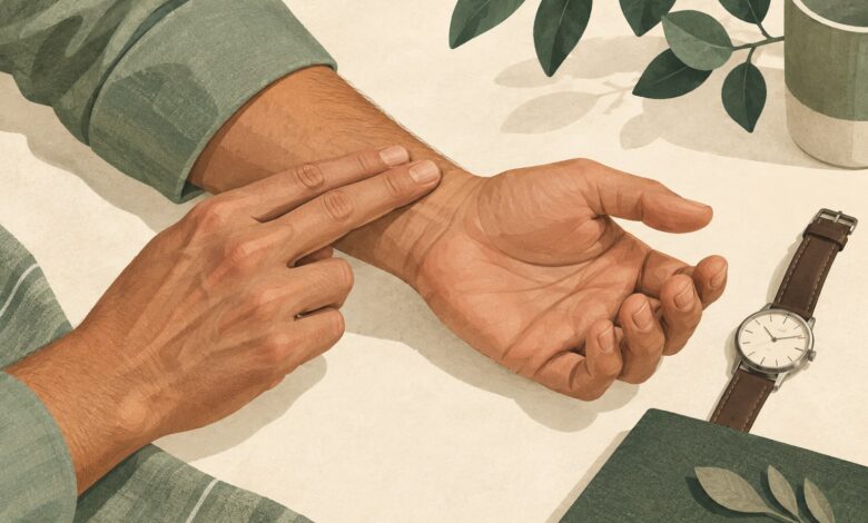 Illustration eines Mannes, der mit zwei Fingern den Puls am Handgelenk ertastet [Bildinhalt mit KI erstellt]