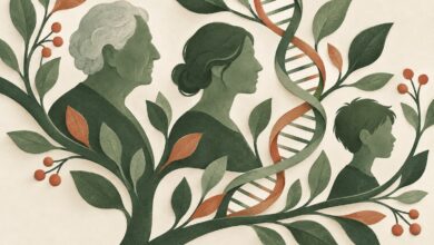 Symbolische Illustration dreier Generationen mit verzweigtem Stammbaum und DNA-Doppelhelix [Bildinhalt mit KI erstellt]